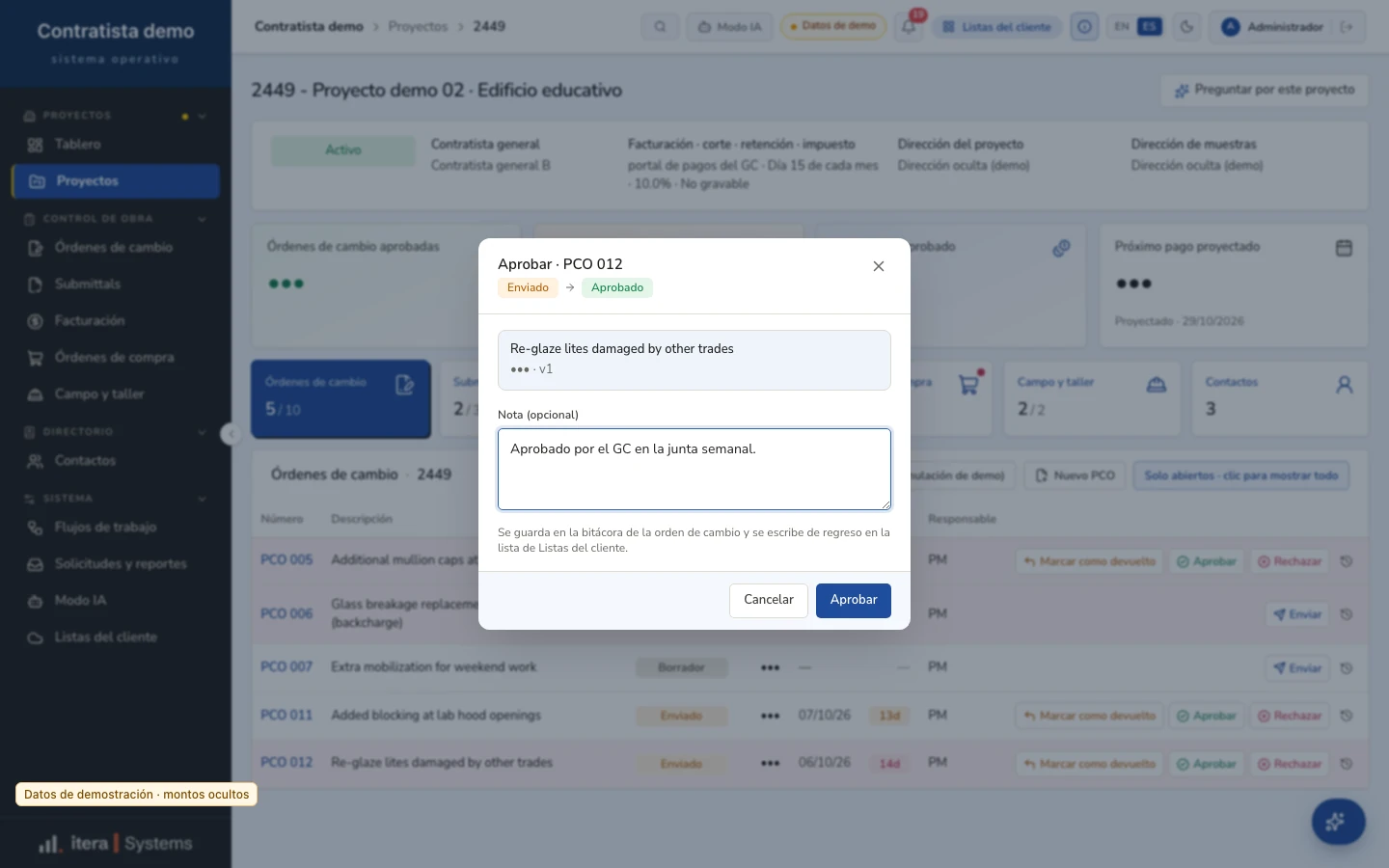 Screen from a prototype with demo data: a confirmation dialog to approve a status change from Sent to Approved, with an optional note saved to the log.